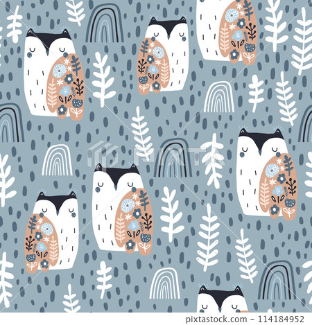 Seamless pattern with cute floral owls and hand drawn textures. Creative blooming texture. Great for fabric, textile Vector Illustration Seamless pattern with cute floral owls and hand drawn textures. Creative blooming texture. Great for fabric, textile Vector Illustration 114184952