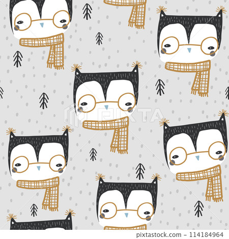 Seamless childish winter pattern with creative owls in scarves. Holiday kids forest texture.Perfect for fabric,textile. Vector background 114184964