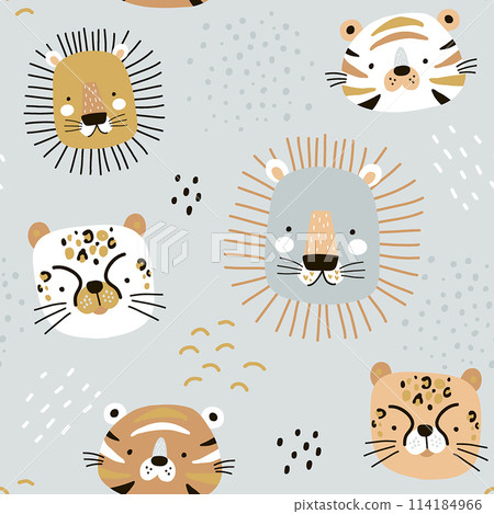 Seamless kids pattern with cute african animals. Childish texture with creative lion, tiger, cheetah. Vector background perfect for fabric, textile, apparel design. 114184966