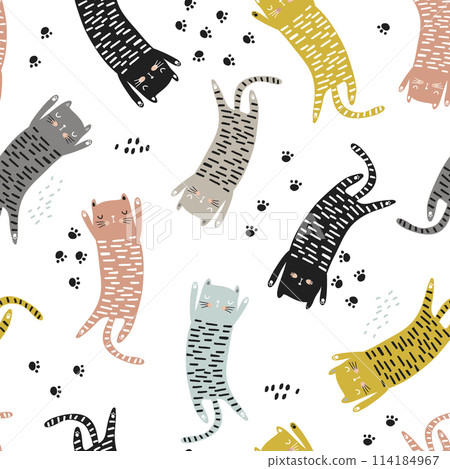 Seamless childish pattern with cute hand drawn cats and paws. Creative kids hand drawn texture for fabric, wrapping, textile, wallpaper, apparel. Vector illustration 114184967