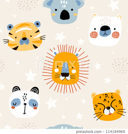 Seamless kids pattern with cute animals. Childish texture with creative lion, tiger, cheetah, panda, koala,bear. Vector background perfect for fabric, textile, apparel design. 114184968