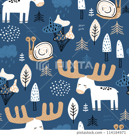 Seamless childish forest pattern with moose, snail. Creative kids woodland texture for fabric, wrapping, textile, wallpaper, apparel. Vector illustration 114184971