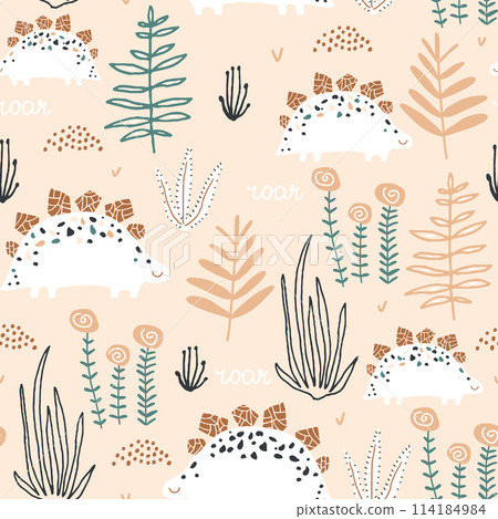 Childish seamless pattern with stegosaurus and jungle flora. Creative vector childish background for fabric, textile Childish seamless pattern with stegosaurus and jungle flora. Creative vector childish background for fabric, textile 114184984