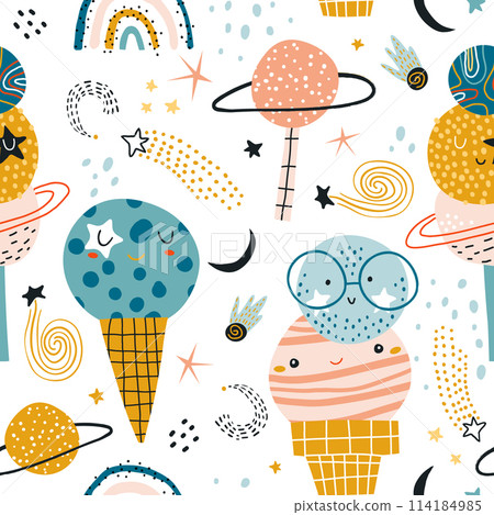 Seamless childish pattern with funny planet characters. Trendy space texture for fabric, apparel, textile, wallpaper. Vector illustration 114184985