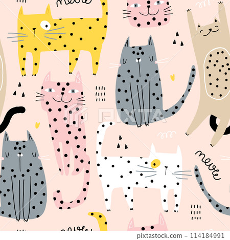 Seamless childish pattern with cute hand drawn polka dot cats. Creative kids hand drawn texture for fabric, wrapping, textile, wallpaper, apparel. Vector illustration 114184991