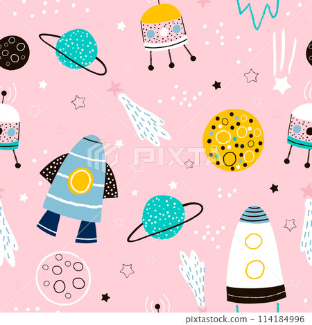 Childish seamless pattern with hand drawn space... - Stock Illustration ...