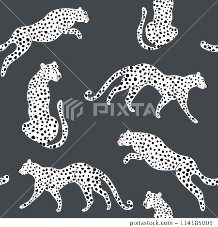 Seamless pattern with hand drawn cheetahs in different poses. Creative animal modern texture for fabric, wrapping, textile, wallpaper, apparel. Vector illustration 114185003