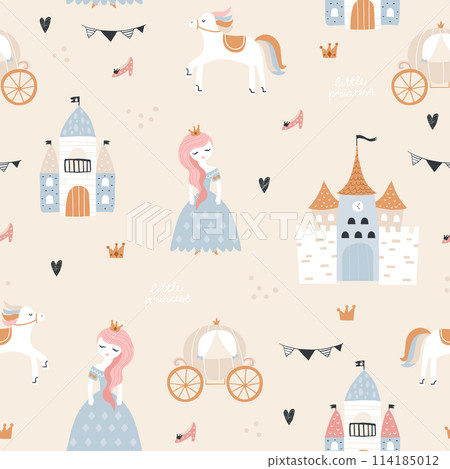 Childish seamless pattern with princess, castle, carriage in scandinavian style. Creative vector childish background for fabric, textile 114185012