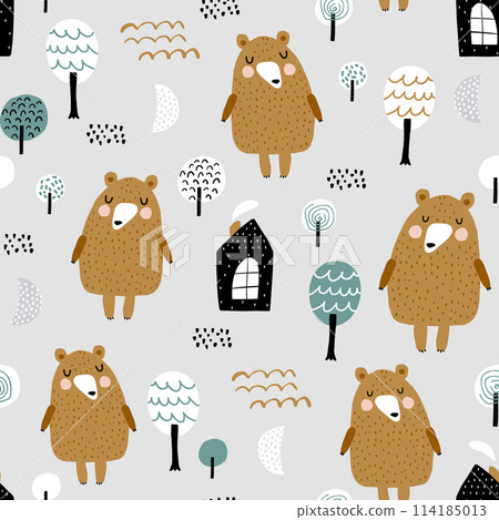 Semless woodland pattern with cute bear, forest houses and hand drawn elements. Scandinaviann style childish texture for fabric, textile, apparel, nursery decoration. Vector illustration 114185013