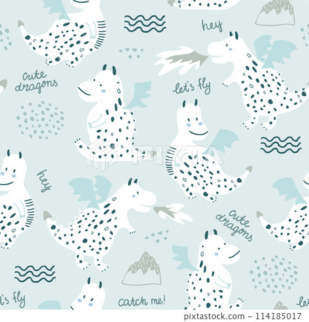 Childish seamless pattern with cute dragons in scandinavian style. Creative vector childish background for fabric, textile Childish seamless pattern with cute dragons in scandinavian style. Creative vector childish background for fabric, textile 114185017