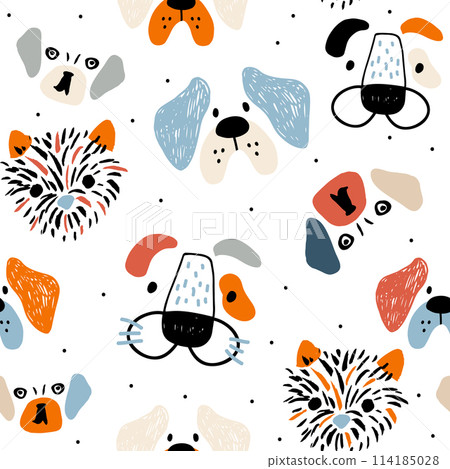 Seamless pattern with cute dog faces, and hand drawn elements. Creative childish texture in scandinavian style. Great for fabric, textile Vector Illustration 114185028
