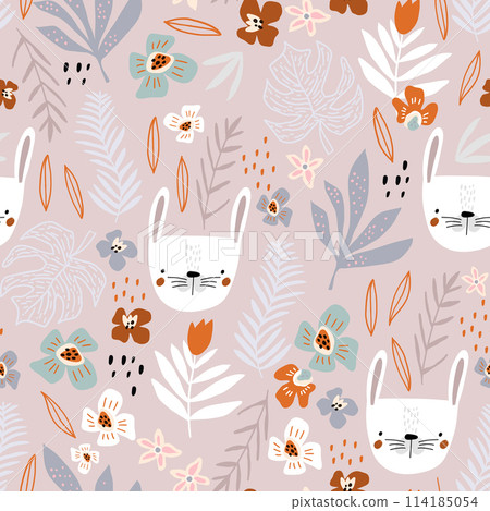 Seamless pattern with bunny faces and floral elements. Creative childish texture. Great for fabric, textile Vector Illustration Seamless pattern with bunny faces and floral elements. Creative childish texture. Great for fabric, textile Vector Illustration 114185054