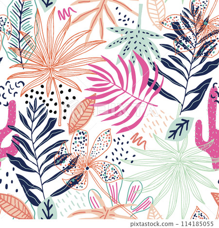Seamless tropical pattern with hand drawn plants, leaves, flowers. Jungle summer background. Perfect for fabric design, wallpaper, apparel. Vector illustration Seamless tropical pattern with hand drawn plants, leaves, flowers. Jungle summer background. Perfect for fabric design, wallpaper, apparel. Vector illustration 114185055