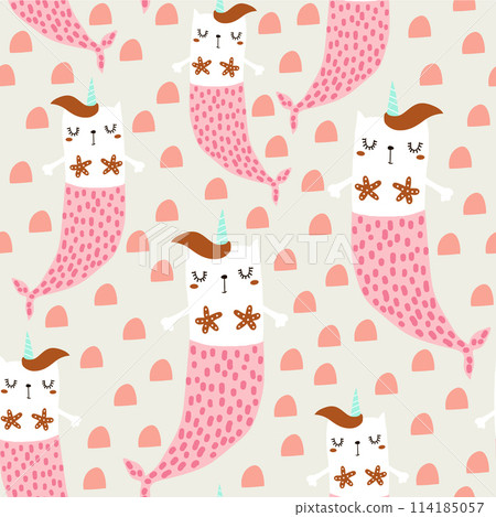 Magic cat mermaid with horn. Seamless childish pattern for apparel, fabric, textile.Vector illustration Magic cat mermaid with horn. Seamless childish pattern for apparel, fabric, textile.Vector illustration 114185057