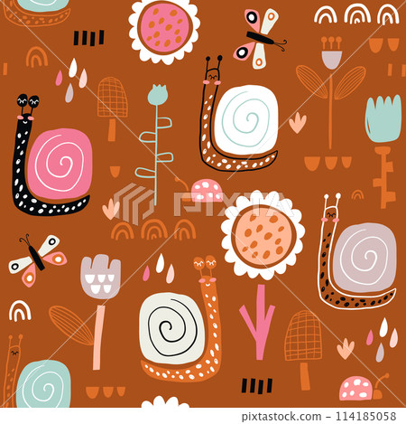 Seamless childish pattern with fairy flowers, snails, butterflies. Creative kids city texture for fabric, wrapping, textile, wallpaper, apparel. Vector illustration Seamless childish pattern with fairy flowers, snails, butterflies. Creative kids city texture for fabric, wrapping, textile, wallpaper, apparel. Vector illustration 114185058