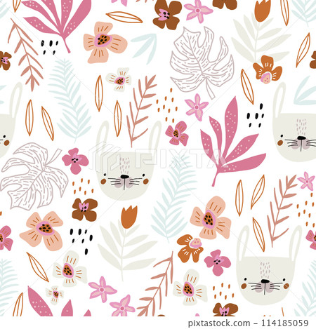 Seamless pattern with bunny faces and floral elements. Creative childish texture. Great for fabric, textile Vector Illustration Seamless pattern with bunny faces and floral elements. Creative childish texture. Great for fabric, textile Vector Illustration 114185059