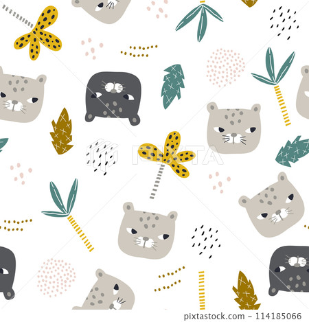 Seamless childish pattern with funny leopard faces . Creative jungle kids texture for fabric, wrapping, textile, wallpaper, apparel. Vector illustration 114185066