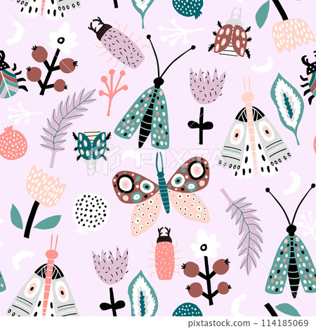 Seamless pattern with flowers, moth, butterfly, leaves. Creative floral texture. Great for fabric, textile Vector Illustration Seamless pattern with flowers, moth, butterfly, leaves. Creative floral texture. Great for fabric, textile Vector Illustration 114185069