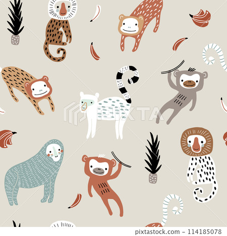 Seamless pattern with monkey. Creative jungle childish texture. Great for fabric, textile Vector Illustration 114185078