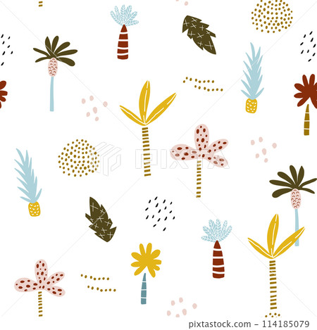 Seamless pattern with hand drawn palm trees and pineapple. Creative summer modern texture for fabric, wrapping, textile, wallpaper, apparel. Vector illustration 114185079