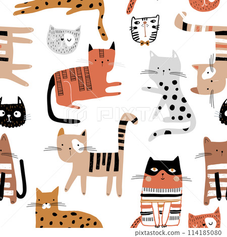 Seamless childish pattern with hand drawn cats in different poses. Creative kids hand drawn texture for fabric, wrapping, textile, wallpaper, apparel. Vector illustration 114185080