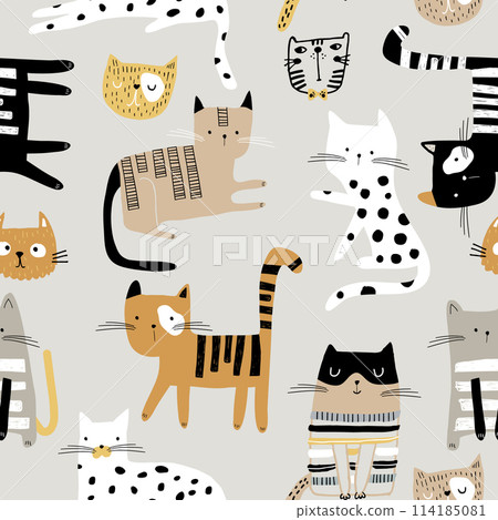 Seamless childish pattern with hand drawn cats in different poses. Creative kids hand drawn texture for fabric, wrapping, textile, wallpaper, apparel. Vector illustration Seamless childish pattern with hand drawn cats in different poses. Creative kids hand drawn texture for fabric, wrapping, textile, wallpaper, apparel. Vector illustration 114185081