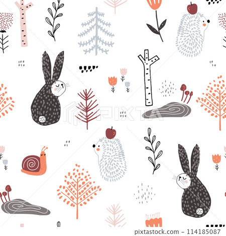 Seamless childish pattern with cute rabbits,hedgehog, snail in the wood. Creative kids forest texture for fabric, wrapping, textile, wallpaper, apparel. Vector illustration Seamless childish pattern with cute rabbits,hedgehog, snail in the wood. Creative kids forest texture for fabric, wrapping, textile, wallpaper, apparel. Vector illustration 114185087