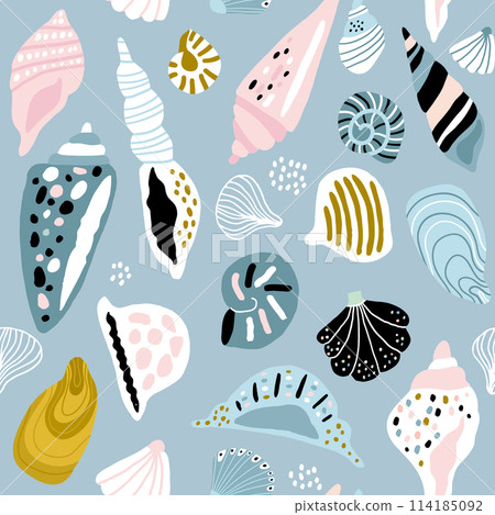 Seamless pattern with colorful creative seashells. Creative marine texture. Great for fabric, textile Vector Illustration Seamless pattern with colorful creative seashells. Creative marine texture. Great for fabric, textile Vector Illustration 114185092