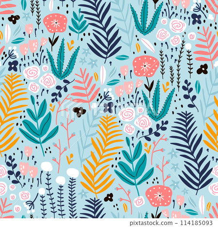 Seamless pattern with flowers, branch, leaves. Creative floral texture. Great for fabric, textile Vector Illustration 114185093