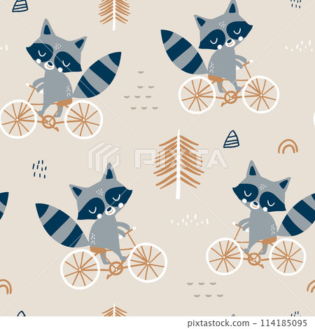 Seamless childish pattern with cute raccoons riding on bike. Forest backround. Perfect for babric printing, apparel, textile. Vector illustration Seamless childish pattern with cute raccoons riding on bike. Forest backround. Perfect for babric printing, apparel, textile. Vector illustration 114185095