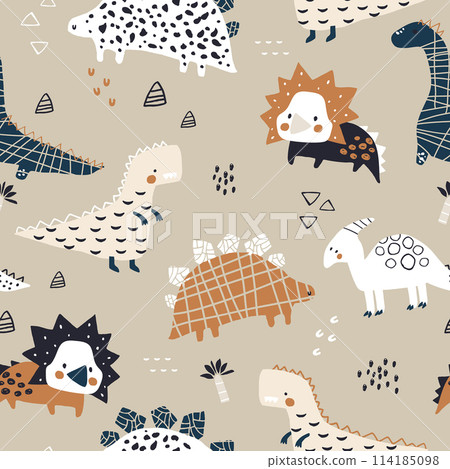 Childish seamless pattern with hand drawn dinozaurs in modern style. Creative vector childish background for fabric, textile Childish seamless pattern with hand drawn dinozaurs in modern style. Creative vector childish background for fabric, textile 114185098