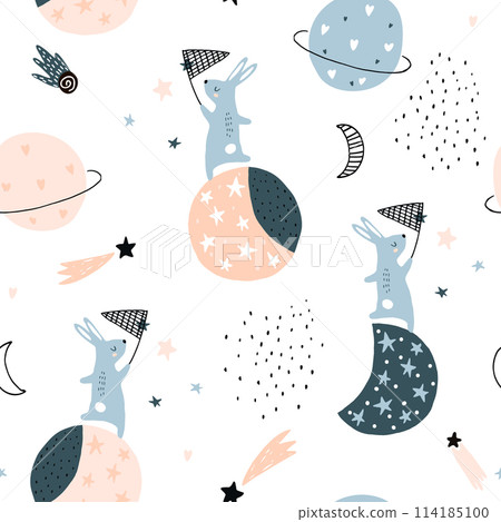 Seamless childish pattern with catching stars cute bunnies characters, planets, moon, stars. Vector illustration Seamless childish pattern with catching stars cute bunnies characters, planets, moon, stars. Vector illustration 114185100