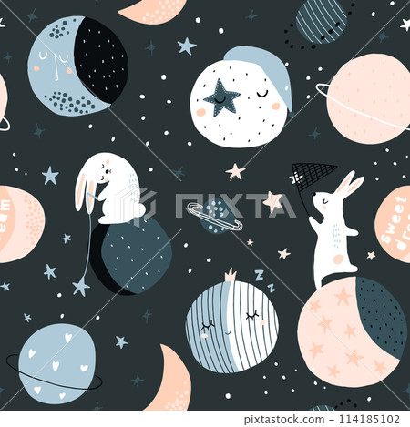 Seamless childish pattern with catching stars cute bunnies characters, planets, moon, stars. Vector illustration Seamless childish pattern with catching stars cute bunnies characters, planets, moon, stars. Vector illustration 114185102