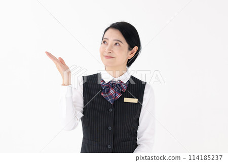 Middle-aged woman, uniform, hand-waving Middle-aged woman, uniform, hand-waving 114185237