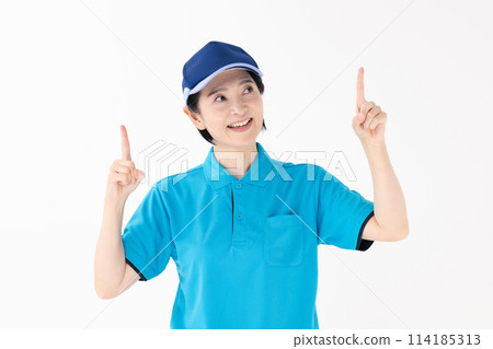Middle-aged woman, uniform, pointing Middle-aged woman, uniform, pointing 114185313