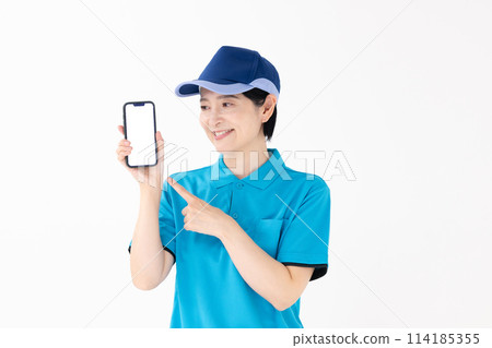 Middle-aged woman, uniform, smartphone 114185355