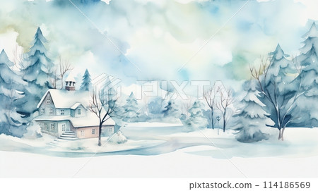Cozy winter art watercolor background with villa. AI-generated item Cozy winter art watercolor background with villa. AI-generated item 114186569