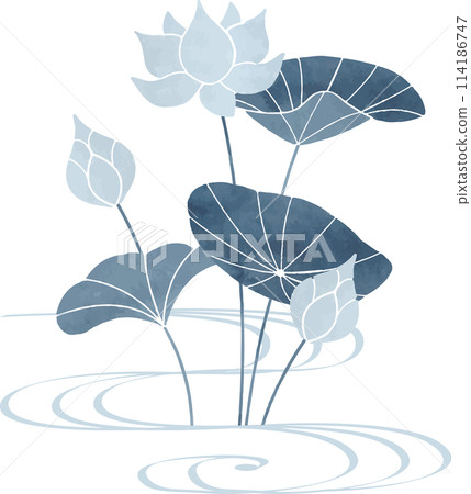 深藍色流水和蓮花插畫 深藍色流水和蓮花插畫 114186747