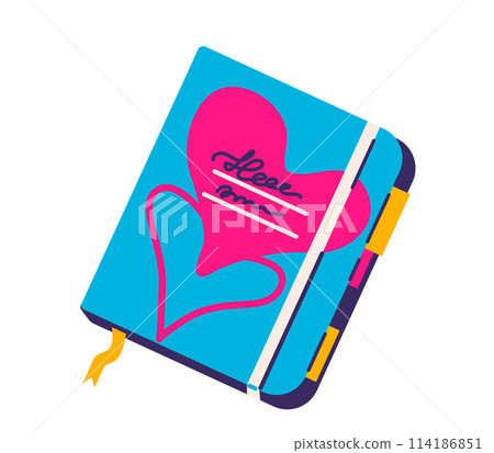 Copybook with elastic band and bookmarks, hearts and text at cover. Vector illustration isolated on white background Copybook with elastic band and bookmarks, hearts and text at cover. Vector illustration isolated on white background 114186851