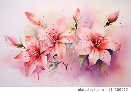 lily watercolor flowers, wet technique painting. AI-generated item lily watercolor flowers, wet technique painting. AI-generated item 114186913