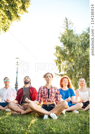 Group of adult mix-race friends meditating while practice yoga outside in park. 114186914
