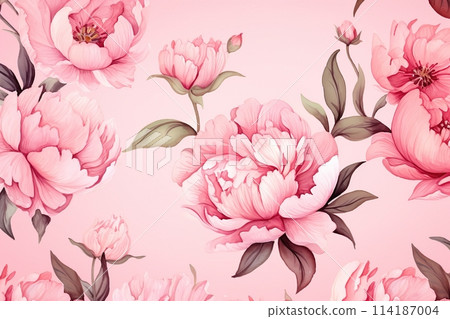 watercolor peony flowers on pink background 114187004