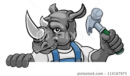 Rhino Carpenter Handyman Builder Holding Hammer 114187973