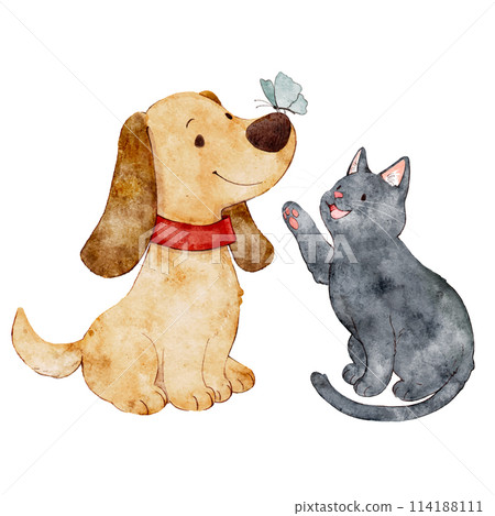 水彩風格可愛的狗和貓的手繪插圖 水彩風格可愛的狗和貓的手繪插圖 114188111