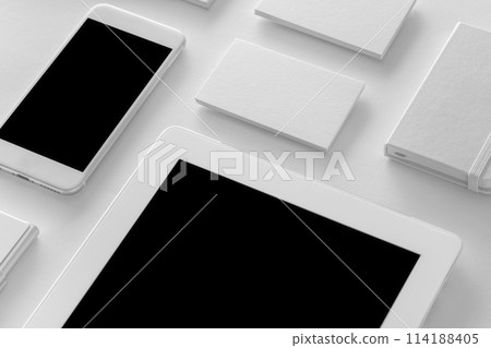 Brand identity mockup. Blank corporate stationery and gadgets set at white textured paper background. Brand identity mockup. Blank corporate stationery and gadgets set at white textured paper background. 114188405