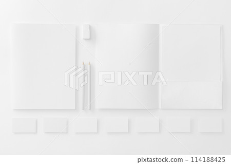 Corporate stationery set mockup. Presentation folders, letterhead and business cards row at white textured paper background. Corporate stationery set mockup. Presentation folders, letterhead and business cards row at white textured paper background. 114188425