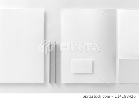 Corporate stationery set mockup. Presentation folders, letterhead and business card at white textured paper background. 114188426