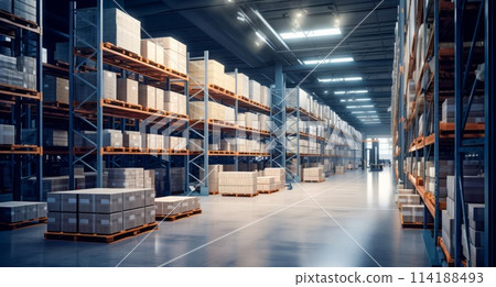 A huge warehouse where products are neatly lined up before delivery 114188493