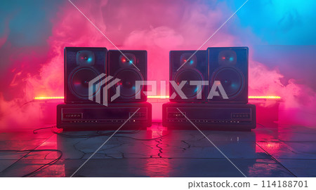 Two speakers stacked in a room emitting purple smoke, creating a visual effect reminiscent of automotive lighting. The room is filled with music, entertainment, and performing arts vibes 114188701