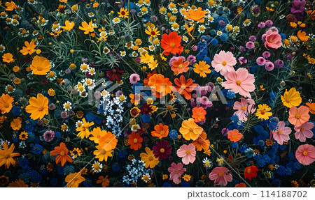 A vibrant field of colorful flowers contrasts against a dark background, creating a stunning landscape. The flowers bloom beautifully, adding brightness to the sky and grass A vibrant field of colorful flowers contrasts against a dark background, creating a stunning landscape. The flowers bloom beautifully, adding brightness to the sky and grass 114188702